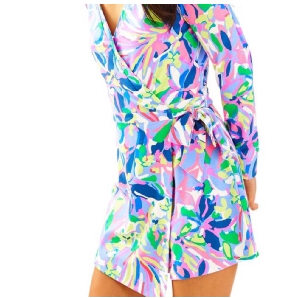 Lilly Pulitzer Tiki Wrap Romper Blue Pink Green Floral Print Long Sleeve Small